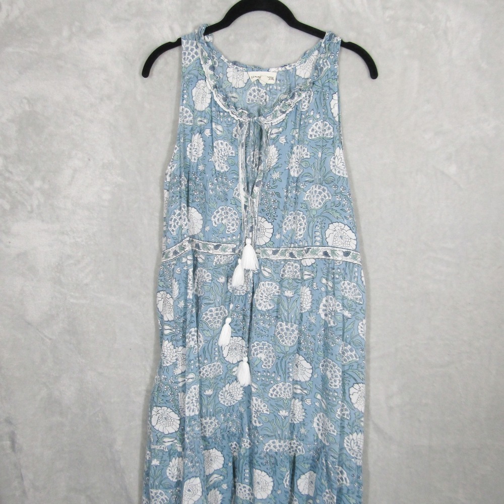 Le Bazar Coastal Womens Dress Large Blue Floral Print Sleeveless Tassel Tie Maxi